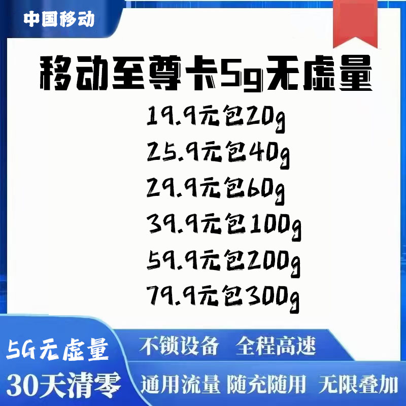 移动5G流量卡，支持热点，全程高速不虚量